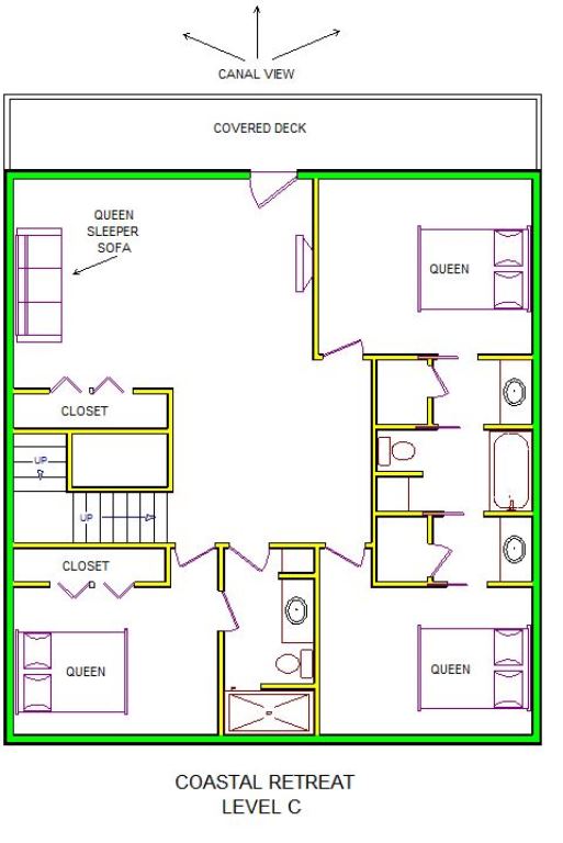A level C layout view of Sand 'N Sea's canal house vacation rental in Jamaica Beach Galveston named Coastal Retreat